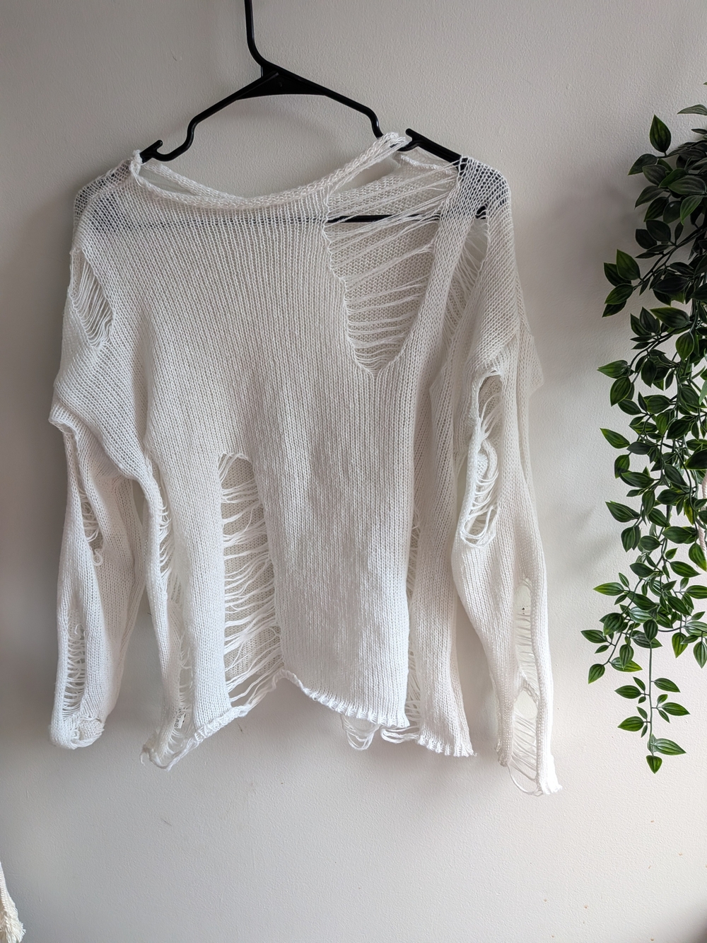 White Distressed Open-Knit Crewneck Sweater